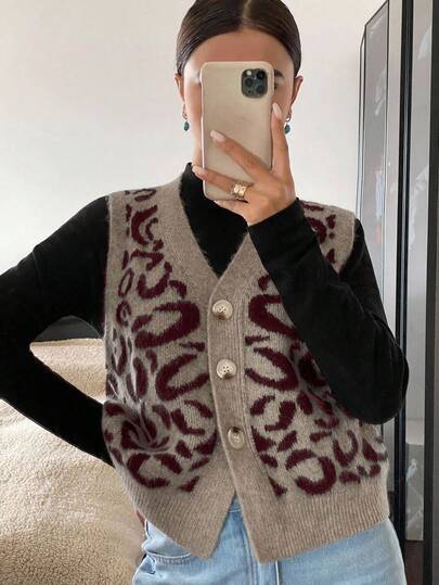 Siren Gaze Chaleco de punto con estampado de leopardo, cuello en V, sin mangas y con botones delanteros, informal, para mujer en otoño/invierno