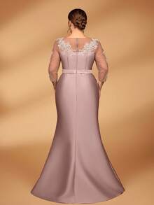 Serin Plus Size Autumn And Winter Elegant Gorgeous Luxury Lotus Pink Sequin Embroidery Stitching Satin Bow See-Through Long Sleeve Fishtail Skirt Suitable For Applique Design Suitable For Wedding Events Bachelorette Party Holiday Dance Dinner Bride Mother Evening Dress Guest Dress