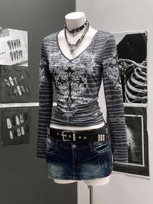 SHEIN Unity Áo thun tay dài in họa tiết đồ họa phong cách Gothic cổ điển thường ngày Y2K Punk đính đá cho nữ, Thu/Đông - màu đen - Xem 1