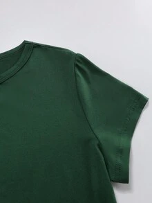 SHEIN Tall CURVE Plus Size 4-Piece Set Solid Color Cropped Round Neck Short Sleeve Fitted Women T-Shirt, Suitable For Summer - Dark Green - View 4