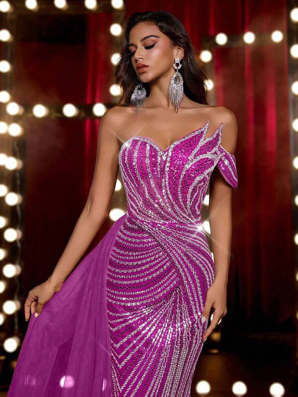 Glamrae Elegant Luxurious Beaded & Sequin Mesh Mermaid Tail Dress With Side Ruffle Trim, Suitable For Wedding, Party, Vacation, Gala (Heavy Embellished)