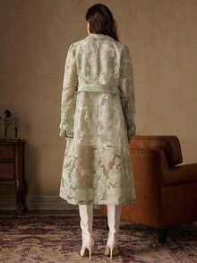Anewsta 优雅束腰长袖喇叭形前系带玫瑰烂花女式风衣，露肩，商务休闲，秋冬 - 綠色 - 查看 2