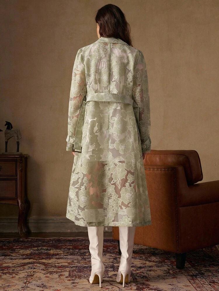 Elegant Cinched Waist Long Sleeve Flared Tie-Front Rose Burnout Women's Trench Coat, Off-The-Shoulder, Business Casual, Autumn/Winter