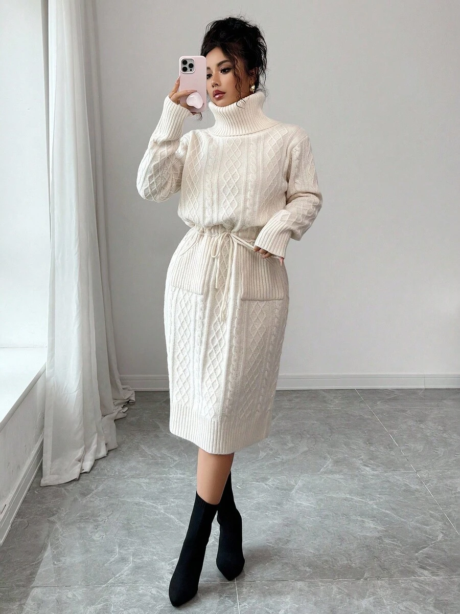 SHEIN Elenzya 女式纯色系带口袋优雅毛衣裙 - 米色 - 查看 1