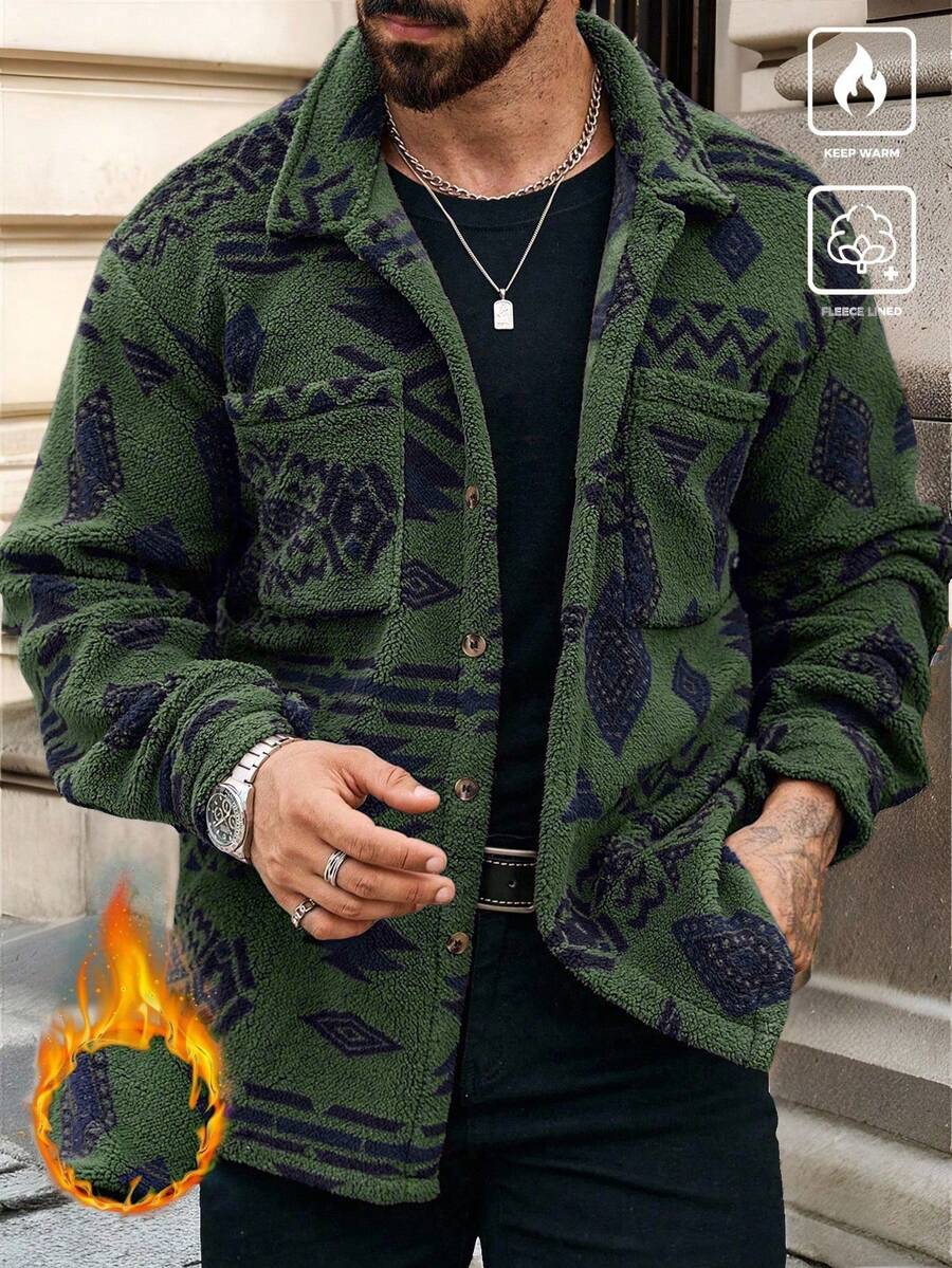 Manfinity Homme 男士几何图案纽扣口袋夹克，秋冬，男友礼物，冬季保暖夹克，秋季男装，冬季男士夹克，珊瑚绒夹克 - 彩色 - 查看 1