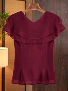GlowEve 女式纯色荷叶边宽松衬衫 - 酒紅色 - 查看 2