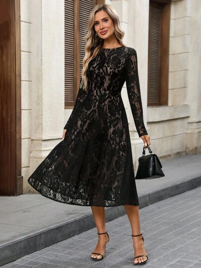 EMERY ROSE Women's Elegant Lace Waist Cinched Midi Dress, Suitable For Commuting Lace Black Dress Elegant Midi Dress Black Elegant Dress Women Long Sleeve Elegant Dress Lace Dress Women Dresses Autumn Winter,Party Dresses For Women,Christmas Party Dress New Year Dress