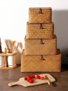 1pc Of Covered Woven Basket, Covered Woven Wicker Storage Box, Rectangular Storage Box, Covered Toy Storage Box, Beautiful Room Decoration, Home Decoration, Kitchen Decoration, Bathroom Decoration, Bedroom Decoration, New Year And Valentine's Day Gift