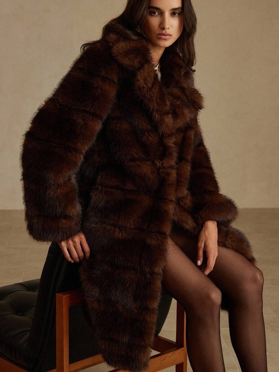 GENKIRA New Fashionable Minimalist Versatile Luxurious Slim Fit High-End Design Faux Fur Knee-Length Jacket For Women - Brown - View 1