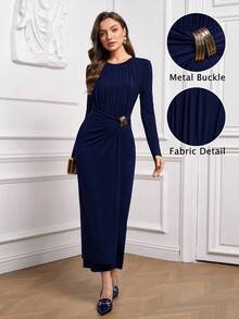 Ellevyn Váy dài dệt kim xếp ly trang trí kim loại không tay thanh lịch cho nữ - Màu xanh hải quân - Xem 2