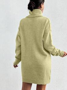 EURMUSE 女式纯色高领落肩长袖休闲宽松针织毛衣连衣裙 - 鵝黃色 - 查看 2