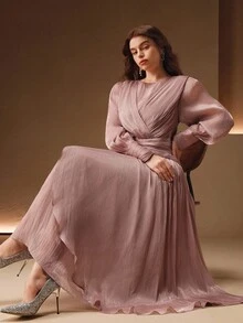 Anewsta 大码女士优雅连衣裙，交叉V领，荷叶边下摆，泡泡袖，适合秋季、冬季、新年、圣诞节、外出、优雅派对等场合，尽显优雅、时尚、别致。 - 中紫紅色 - 查看 5