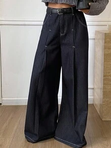 Livesso 女士宽松商务休闲复古水洗设计褶缝撞色拼色阔腿牛仔裤，适合秋季、冬季和春季 - 深色水洗藍 - 查看 6