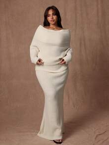 Rustia Off-Shoulder Knit Sweater + Ruffle Hem Mermaid Skirt, European And American Style, Casual Autumn/Winter Knit Maxi Skirt Set Cream Knit Maxi Skirt Set Knit Two Piece Set Cream Two Piece Set Off Shoulder Knit Set - Apricot - View 5