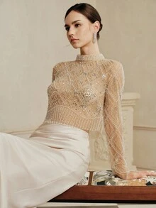 Anewsta 女士时尚高端奢华手工串珠长袖衬衫，适合秋季、冬季、新年、优雅、别致、时尚、圣诞节、外出穿着