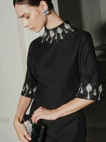 Anewsta Elegant Rhinestone Embellished Midi Dress, Suitable For Fall, Winter, New Year, Party, Wedding - Black - View 1