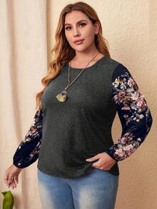 EMERY ROSE Plus Size Women Floral Print Patchwork Round Neck Long Sleeve Casual T-Shirt - Grey - View 3