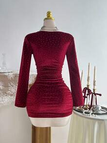 Elamini Váy ôm sát lưng khoét cổ xếp ly mùa thu - Màu Đỏ Sâu - Xem 2