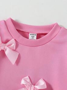 SHEIN 2件套年轻女孩简约时尚粉色蝴蝶结黑色上衣和粉色裤子运动服套装 - 粉色 - 查看 6