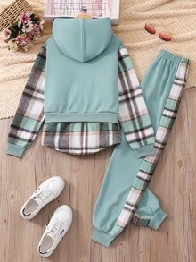 SHEIN 2pcs Girls Plaid Patchwork Hooded Top And Pants Set - Green - View 2