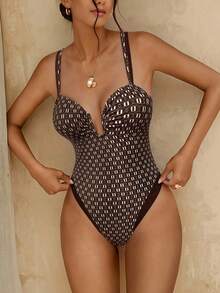 Swim Chiccia 优雅复古印花低胸连体泳衣 - 彩色 - 查看 4