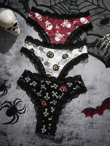 AltCore 3 sztuki/zestaw damskich koronkowych, patchworkowych, wygodnych majtek, odpowiednich na Halloween