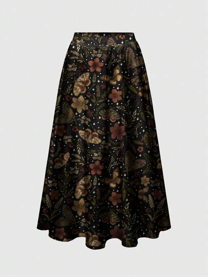 Fairycore Dark Floral Bohemian Romantic Gothic Print Loose Fit Plus Size Skirt
