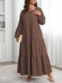 Vionelle 大码女式春夏纯色圆领灯笼袖荷叶边下摆宽松休闲连衣裙长款女装 - 巧克力棕 - 查看 5