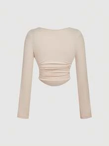 SHEIN MOD 3 Pack Plus Size Women's Square Neck Bodycon Long Sleeve Crop Tops,3pcs Pleated Smart Casual Everyday T-Shirt Set,Autumn Fall Winter ,Black - Multicolor - View 9