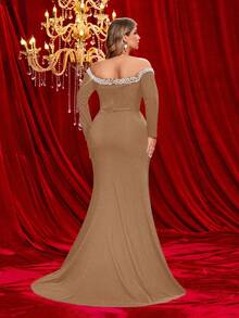 Glamrae 加大码优雅奢华黑色弹力针织露肩领口仿珍珠装饰长袖骨紧身美人鱼长裙，适合婚礼、派对、庆典、度假、正式场合（重度装饰） - 駝色 - 查看 4