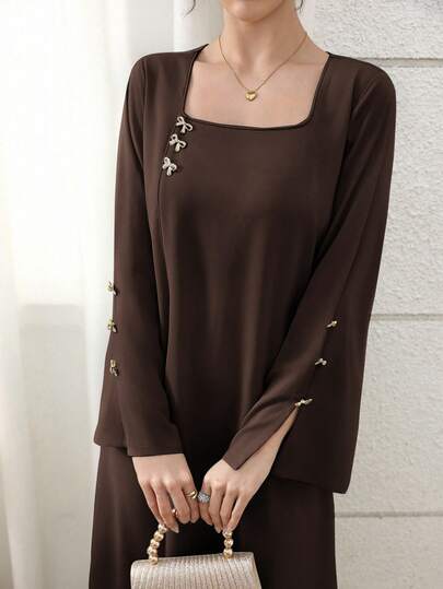 Yasmyna Loose Fit Women's Arabic Style Dress With Handmade Floral Texture And Bow Decor Kaftan Jalabiya Dress