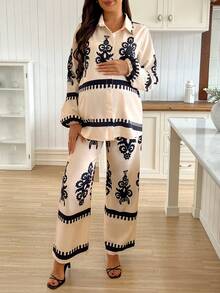 SHEIN 2件套孕妇花卉印花长袖纽扣衬衫和可调节腰部裤子休闲装 - 杏色 - 查看 6