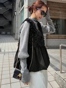 FRIFUL 女式黑色无袖拼接毛绒面料褶皱设计宽松休闲百搭分层背心，秋季 - 黑色 - 查看 7