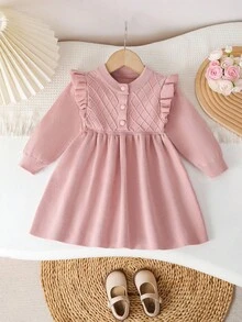 SHEIN Vintaside Kids 女婴针织长袖毛衣裙，适合秋冬季，粉色和浅粉色，百搭，优雅，荷叶边领，纹理，时尚，可爱，适合上学、日常穿着、居家、户外、旅行 - 粉色 - 查看 3
