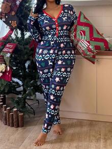 SweetSlumber Pijama Macacão de Malha com Estampa Listrada Plus Size, Para o Natal, Para Pijamas Plus Size de Outono e Inverno, Roupa Confortável