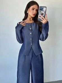 Firerie Conjunto de 2 piezas de camisa de manga larga de cuello redondo y pantalones de estilo casual para mujer, otoño - Azul Marino - Ver 3