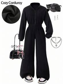 青少年女孩休闲街头风格立领收腰运动衫连体裤，适合学校和学生 - 黑色 - 查看 1