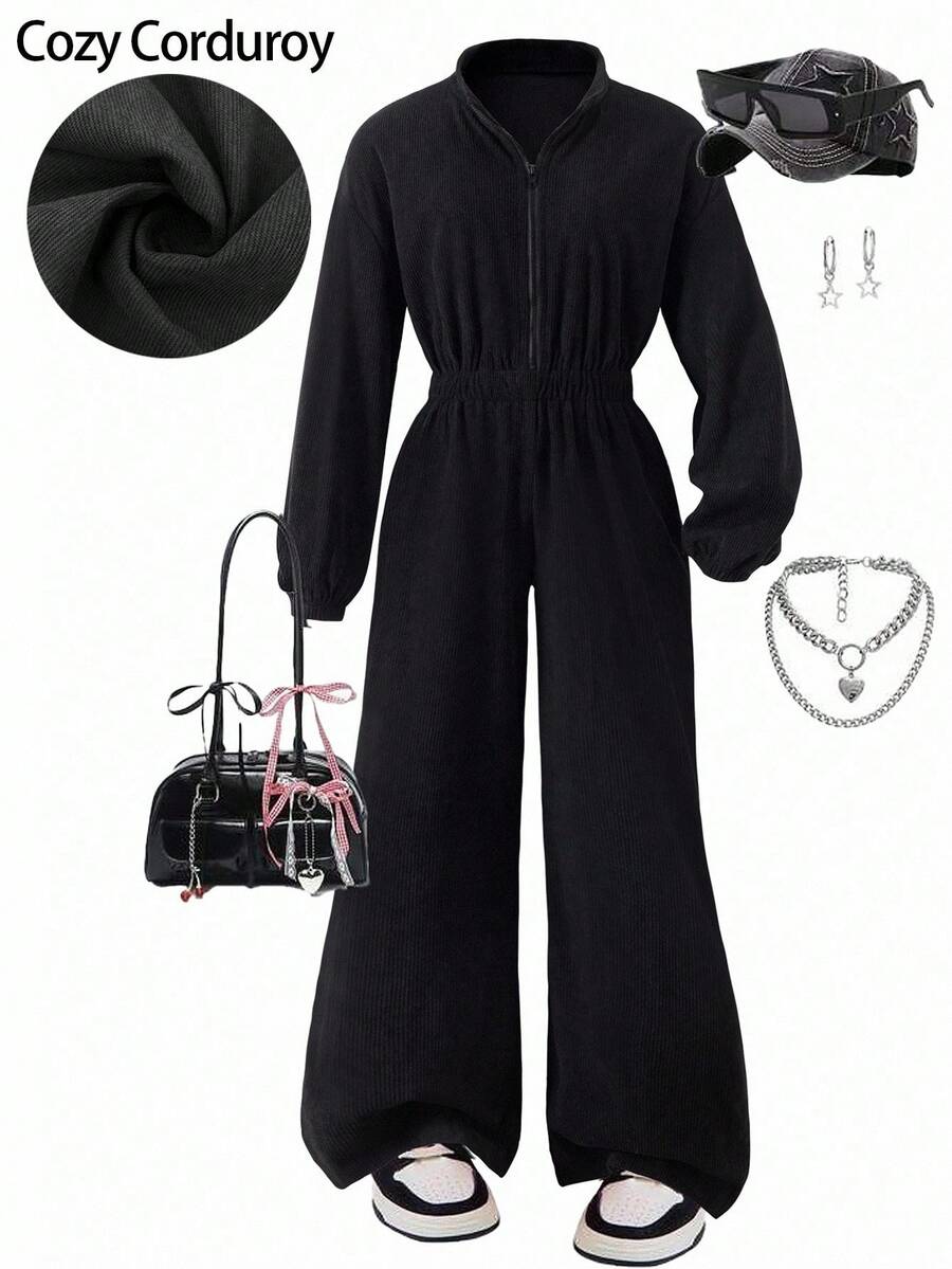 青少年女孩休闲街头风格立领收腰运动衫连体裤，适合学校和学生 - 黑色 - 查看 1