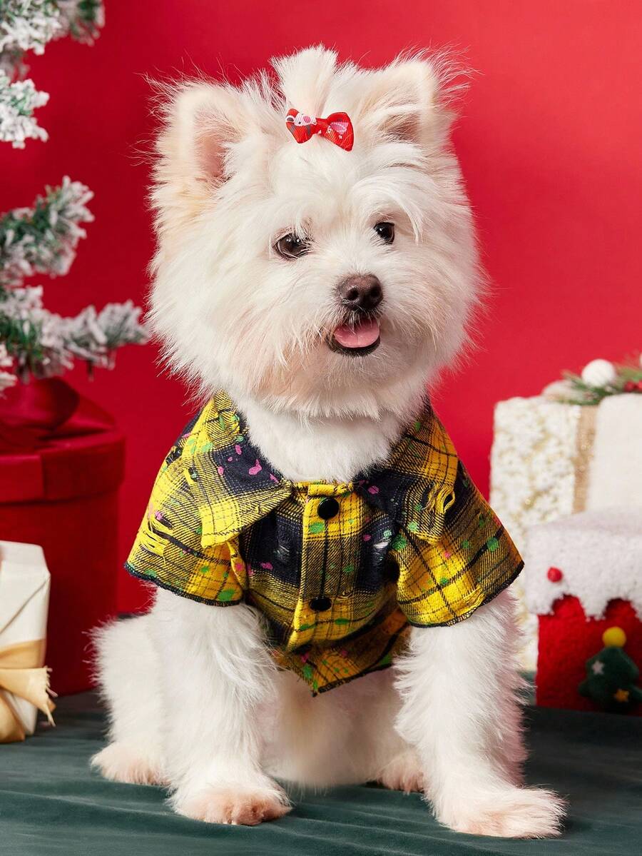 PETSIN 1PC Pet Cat Dog Universal Christmas Yellow Classic Checkered Fashion Handsome Comfortable Dog Shirt - Multicolor - View 1