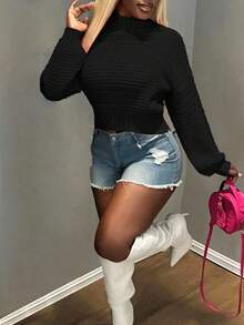 BamGleam Pulover de damă, Top de damă, Mâneci lungi tricotate, Model cu valuri, Model orizontal, Decolteu rotund, Roz, Scurt, Sexy, Lejer, Adunare prietenoasă, Four Seasons, Îmbrăcăminte de damă de toamnă și iarnă - Negru - Vizualizare 4