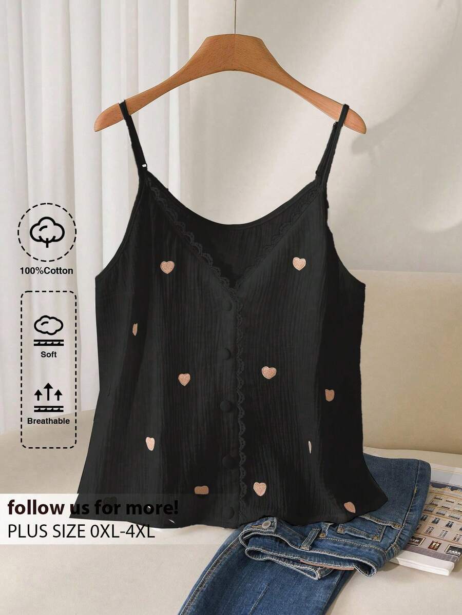 CosyJoli Áo hai dây in hình trái tim mùa hè cỡ lớn dành cho nữ, một hàng khuy - màu đen - Xem 1