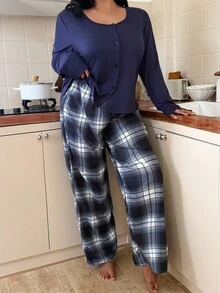 SHEIN 三件套休闲格子印花吊带背心、睡袍和睡裤套装，舒适大码睡衣格子睡裤，舒适套装，秋冬服装 - 藏蓝色 - 查看 6