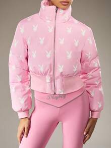 Missguided x Playboy 超大款短款羽绒服，饰有兔子印花和罗纹下摆，适合寒冷天气叠穿 - 粉色 - 查看 5