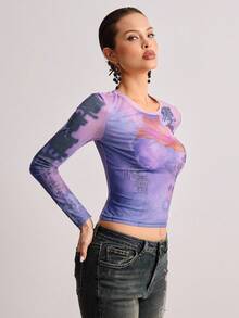 ROMWE Avant New Chinese Style Lotus Flower & Goldfish Calligraphy Text Sheer Blouse For Women - Multicolor - View 4