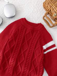 1 件装年轻男孩休闲学院风舒适时尚简约实用纹理针织鹿绒圆领毛衣，适合儿童服装、年轻男孩服装、学校、日常穿着、旅行、派对、秋冬