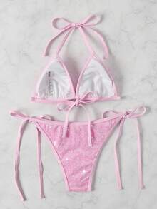 SHEIN Swim 閃閃發光亮片比基尼套裝微三角形文胸和丁字褲下裝2入組泳衣 - 粉色 - 查看 9