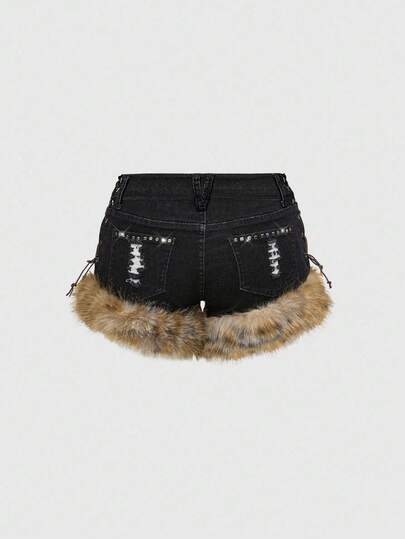 Grunge Punk Short en jean super taille basse effiloché avec clous style "Y2K Baddie Skull"