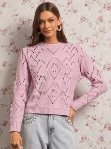 Enchnt Fall/Winter Romantic Women's Elegant Pink Round Neck Long Sleeve Hollow Design Casual Sweater, Autumn,Sweet&Elegant&Fashionable For Date&Afternoon Tea&Office&Going Out,Fall Sweater For Women,Autumn Clothes - Pink - View 7