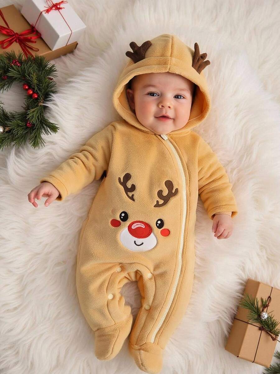 SHEIN 新生儿圣诞刺绣连体衣，男女通用婴儿服装 - 棕色 - 查看 1