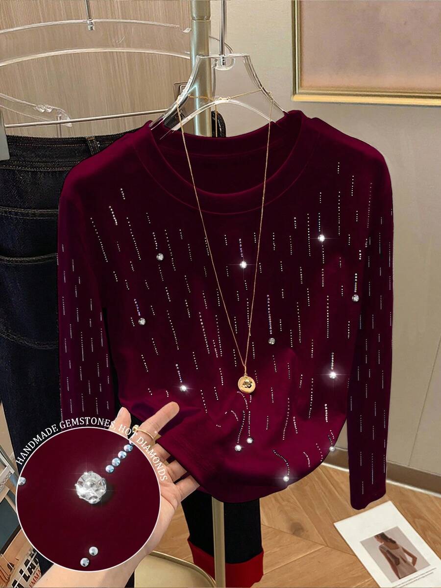 Resyla Áo thun cổ tròn tay ngắn đính hạt lấp lánh + đá Rhinestone dành cho nữ - Màu Đỏ Sâu - Xem 1